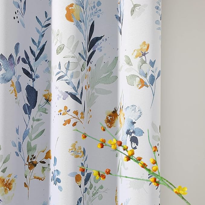 MYSKY HOME Floral Blackout Room Divider Curtains 90 inches Long for Bedroom Patio Sliding Door Thermal Insulated Privacy Curtains for Extra Wide Window Living Room, 1 Panel, Yellow and Blue, 100" Wide