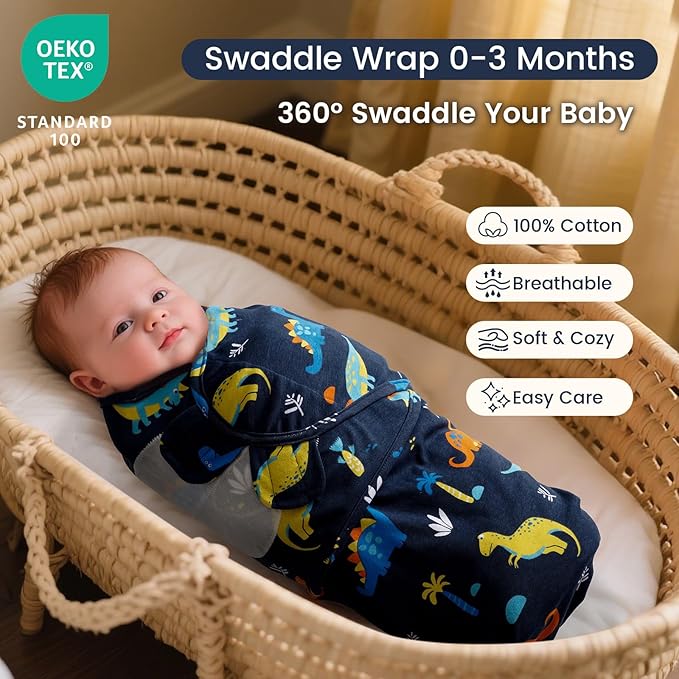 david's kids 100% Cotton 3 Pack Baby Swaddle Wrap for 0-3 Months, Soft Breathable Swaddle Blanket for Newborn Infant, Adjustable Baby Wrap Sleep Sacks for Boys Girls, Newborn Essentials, Dinosaur