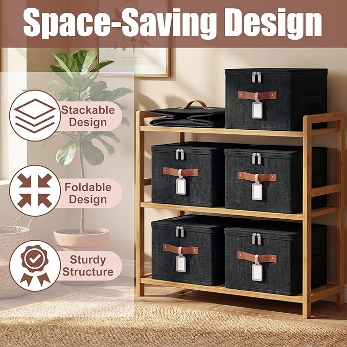 6 Pack Fabric Closet Storage Bins with Zipper Lids and Label, 10×8×7In Large Size Foldable Cotton Linen Storage Cubes Boxes with PU Leather Handles Holders for Bedroom, Shelf, Nursery, Black