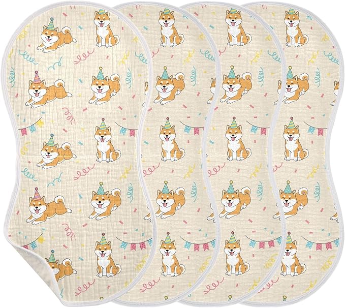 Qinllo 4 Pack Muslin Burp Cloths Shiba Dogs Party Beige Cotton Baby Burp Cloths Ultra Absorbent Soft Thick Burping Cloth for Newborn Baby Boys Girls 22x11 Inch