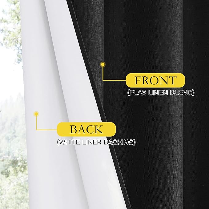 NICETOWN Vintage Rod Pocket Flax Thermal Curtains, 100% Blackout Curtains 84" Long for Dining Room, Soundproof Window Treatment Drapes for Hall Room, Black, 52" Wide Per Panel, Set of 2