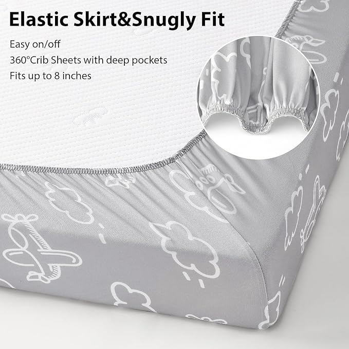 Baby Crib Sheets for Boys and Girls, 3 Pack Toddler Bed Sheets for 52”x28” Standard Toddler Mattresses, Soft Microfiber Fitted Crib Sheets Neutral Grey Helicopter
