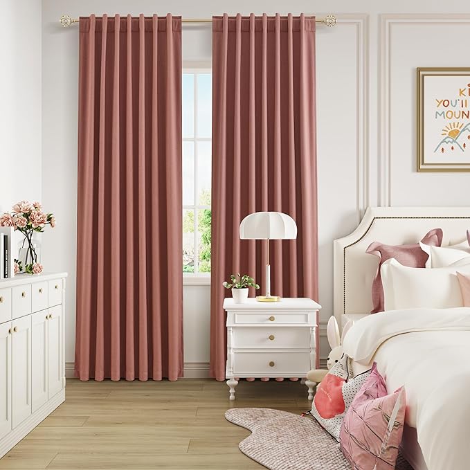 Guken 100% Blackout Curtains 96 Inch Length 2 Panels Set for Girls Bedroom Back Tab Thermal Insulated Black Out Linen Drapes Room Darkening Window Curtains 96 Inches Long,Dusty Rose