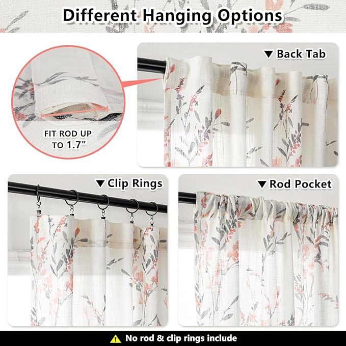 MYSKY HOME Sheer Curtains 54 inches Long for Bedroom Kitchen Farmhouse Curtain Panels Cotton Polyester Blend Linen Style Texture for Home Decor Light Soften Privacy Drapes, Coral, Pack-2