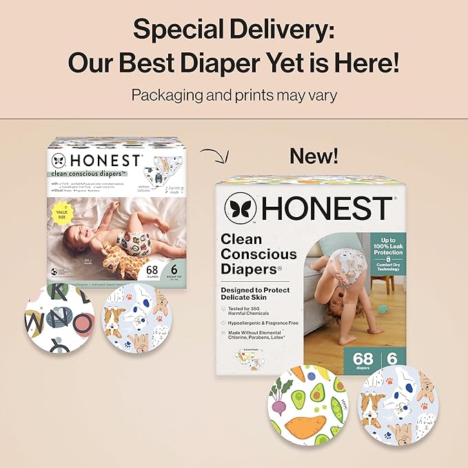 The Honest Company Comfort Dry Disposable Diapers for Sensitive Skin, Hypoallergenic, Fragrance-Free, So Delish + It's a Pawty, Super Club Box, Size 6 (35 lbs), 68 Count