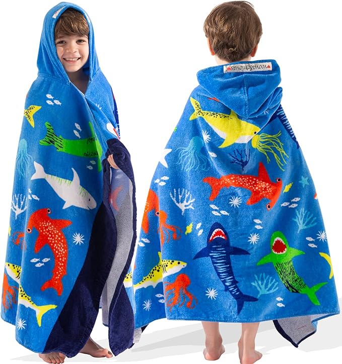 VOOVA & MOVAS Hooded Towel for Toddlers 3-8 Years,30''X50'',Soft | Thick | Cotton | Absorbent | Large Beach | Pool | Bath | Swim Towels | Cover up for Boys, Shark Fish