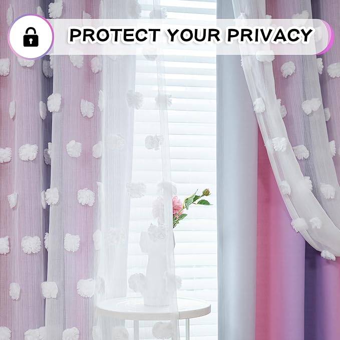 MYSKY HOME Nursery Curtains for Girls Room - Pink & Purple, 90 Inch Long, White Pom Pom, Sheer, Double Layer, Room Darkening, 52 x 90 in