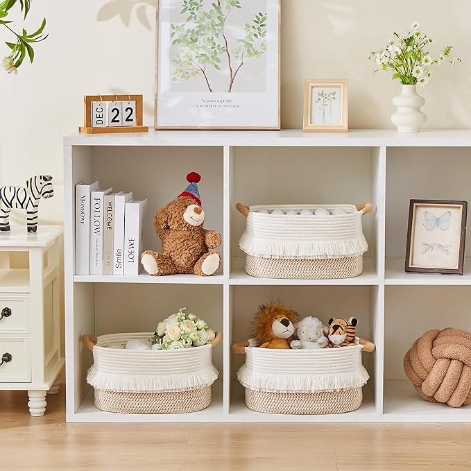 Storage Bins Woven Baskets for Storage Set of 3, Cotton Rope Basket with Handles for Toys/Shelves/Laundry, Rectangle Multi-Purpose Organizer for Living Room, Bedroom, Nursery (White/Brown)