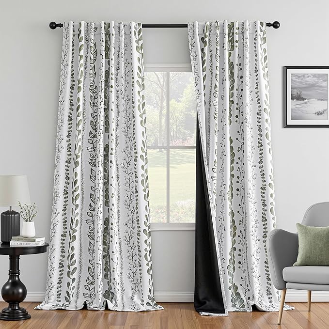 MEETSKY Sage Green Blackout Curtains 95 Inches Long 2 Panels Boho Curtains for Living Room Thermal Insulated Privacy Protection Rod Pocket Drapes for Bedroom, Leaf Print Window Treatment, 50" Wide