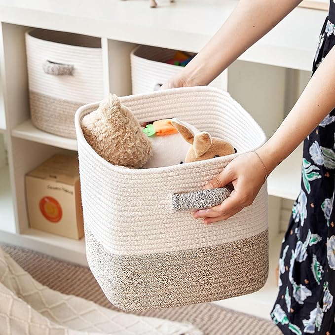 Storage Cube Baskets 3-Pack - 11 inch Square Baskets, Closet & Shelves Organizers - Woven & Drawer Storage - Ideal for Toys | White & Beige