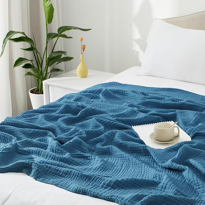 Carriediosa 100% Cotton Muslin Throw Blanket 70" X 80" Twin Size，4-Layers Summer Gauze Throws for Bed Couch，Soft Lightweight Breathable Linen Blankets Bedspread for Adults All Season，Dusty Blue