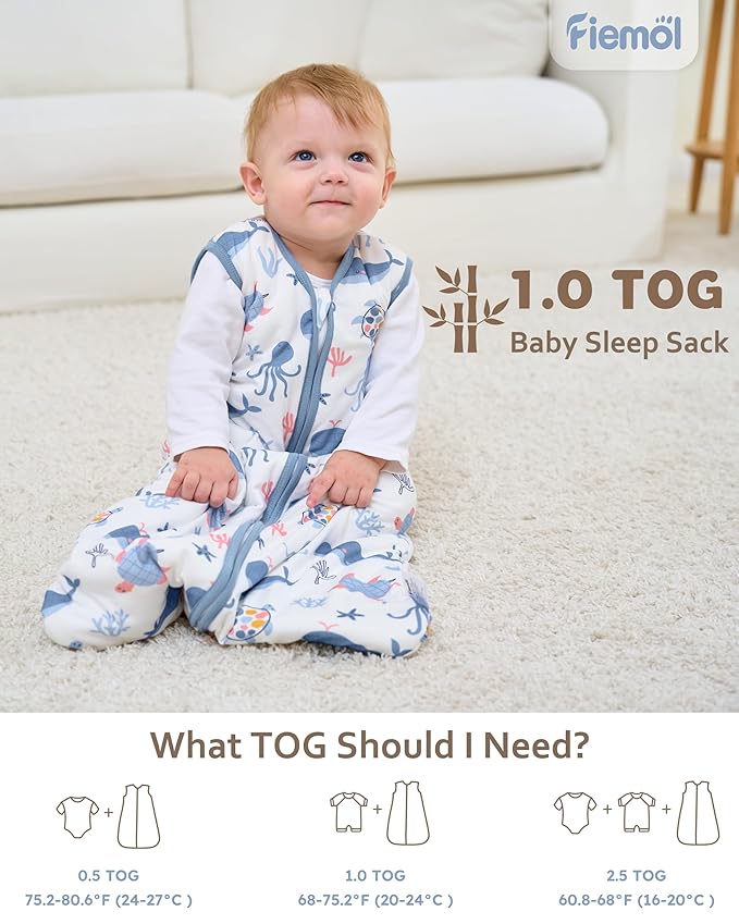 FIEMOL Rayon Made from Bamboo Baby Sleep Sack 6-12 Months, 1.0 Tog Baby Wearable Blanket, Soft Sleeping Bag for Newborn Infant Babies with 2-Way Zipper 2 Pack (Medium) Blue Whale