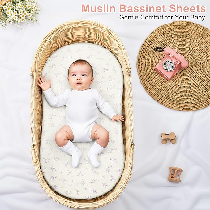 Basumee Muslin Bassinet Sheets for Baby Girl Boy 2 Pack Soft Breathable Baby Bedside Bassinet Fitted Sheets with Bottom Elastic Band 33''x17''x4'' Mattress Cover for Rectangle Oval Hourglass Bassinets