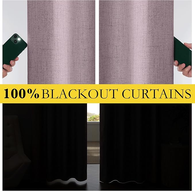 NICETOWN Chaise Mauve Vintage Linen 100% Blackout Curtains for Living Room, Thermal Insulated Curtains 84" Long, 52" Wide Per Panel, Set of 2, Noise Reducing Window Treatment Drapes for Hall Room