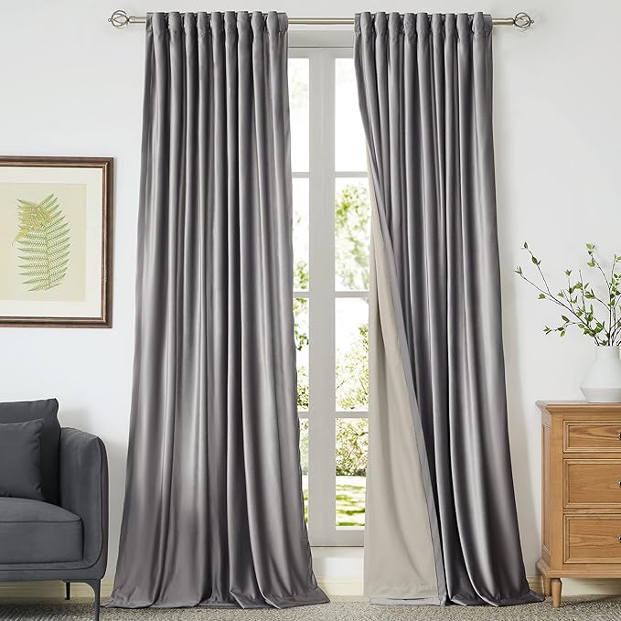100% Full Blackout Silver Grey Velvet Curtains 120 inch Long for Living Room,Set of 2 Panels Liner Rod Pocket Back Tab Thermal Window Curtains Room Darkening Heavy Decorative Drapes for Bedroom