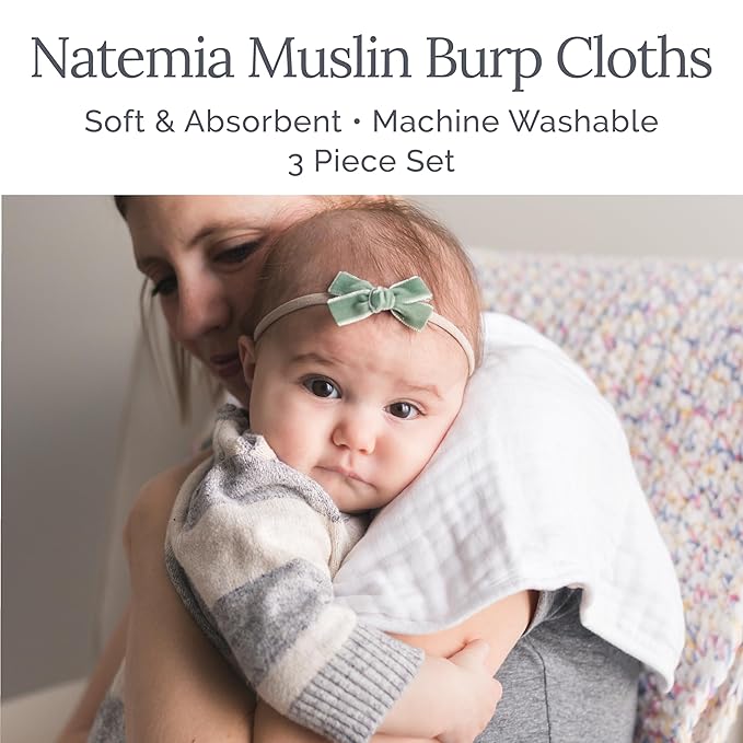 Natemia Ultra Soft Muslin Burp Cloths – Large, Super Absorbent Baby Burp Cloths for Newborn Spit Up - Machine Washable for Drool and Messes Essentials for Boys & Girls, 3 Pack