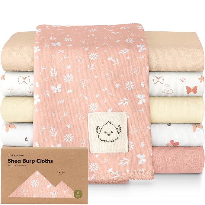 Organic Burp Cloths Baby Boy, Girl - 6-Pack Large 100% Cotton Burping Cloths for Babies, Spit Up Rags, Super Absorbent, Ultra Soft Newborn Rag, Gender Neutral, Machine Washable, Durable (Butterflies)