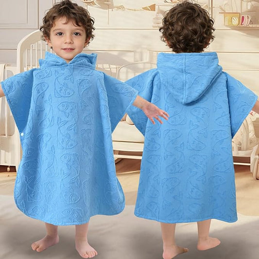 Toddler Bath Towels with Hood, Oversized (2-4Years,22"X22") Made from 100% Soft Cotton,Absorbent Hooded Poncho Towel for Baby Boy,Perfect for Pool | Swimming | Bath | Beach,Jacquard Blue Fish