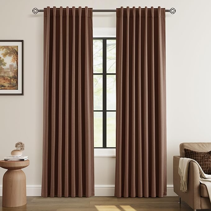 Guken 100% Blackout Curtains 84 Inch Length 2 Panels Set for Living Room Bedroom Back Tab Thermal Insulated Black Out Linen Drapes Room Darkening Window Curtains 84 Inches Long,Rustic Brown