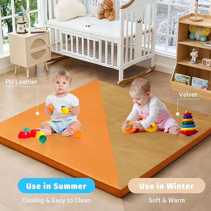 Waterproof Baby Play Mat for Floor 1.3"Thick Memory Foam 47*47 Cushion Playpen Playmat Tummy Time Crawling Mat Nursery Rug Pad Mattress Create Soft & Safe Area for Infants,Toddler,Kid,Orange