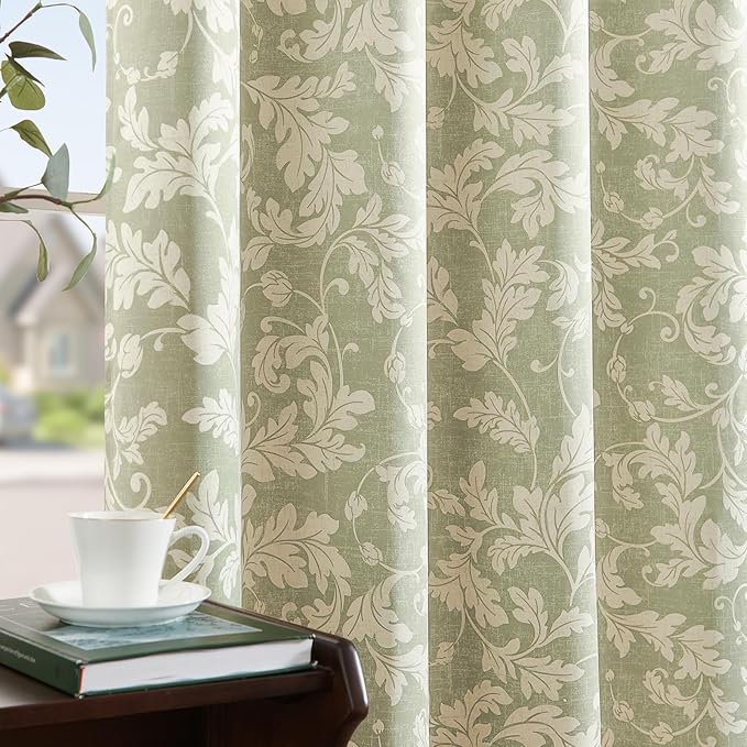 jinchan 75% Blackout Curtains for Bedroom, Green Scroll Leaf Patterned Curtains 96 inch Length for Living Room, Farmhouse Vintage Drapes, Thermal Insulated Window Treatments, Grommet 2 Panels Green