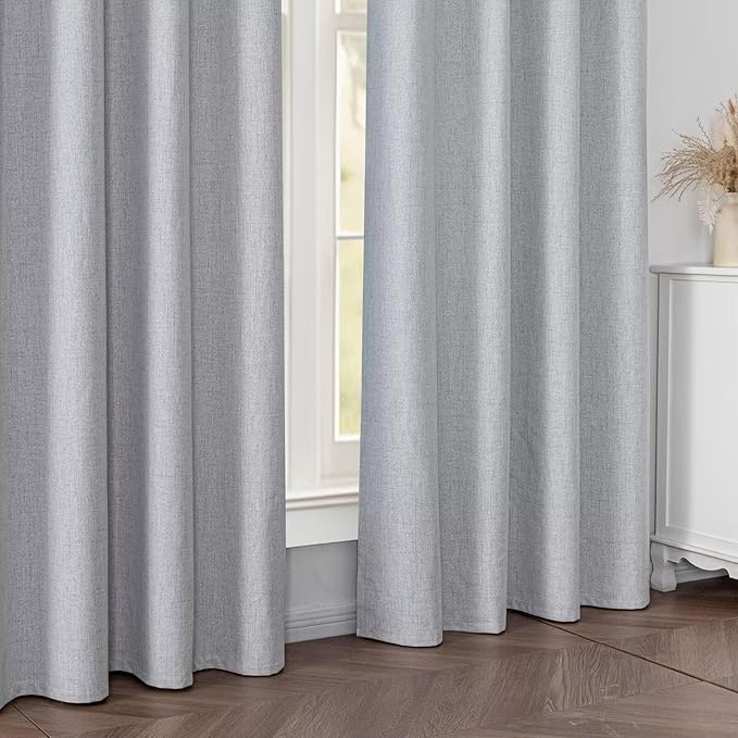 100% Blackout Curtains 108 inch Length 2 Panels Faux Linen Long Drapes for Bedroom Living Room Black Out Room Darkening Curtain Thermal Insulated Back Tab Rod Pocket(W52 x L108, Greyish White)