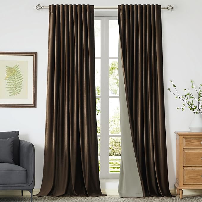 PRIMROSE Full Blackout Brown Velvet Curtains 102 inch Long for Living Room,2 Panles Liner Rod Pocket Back Tab Thermal Window Curtains Room Darkening Heavy Curtain Drapes for Bedroom