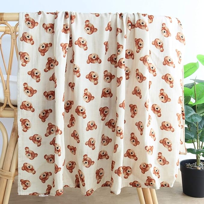LifeTree Muslin Baby Swaddle Blankets, Boys Girls Muslin Swaddling Wrap Receiving Blanket for Newborn, 70% Viscose from Bamboo and 30% Cotton, Large 47" x 47", Bear Head Pattern