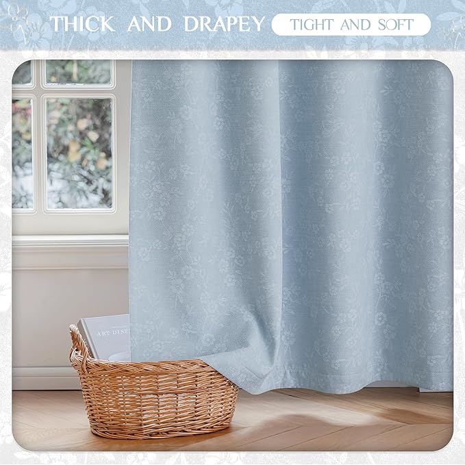 Beauoop Blue Floral Jacquard Blackout Curtains 63 Inches Long 2 Panels for Living Room Bedroom Chenille Flower Room Darkening Thermal Insulated Soundproof Grommet Window Drapes, 52x63 Set of 2