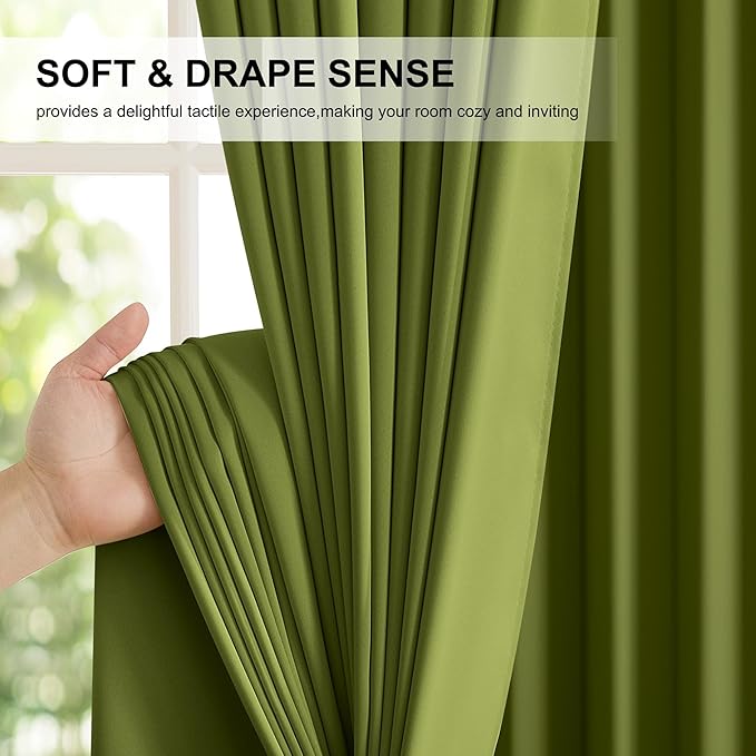 NICETOWN Olive Green 100% Blackout Curtains for Bedroom, 52x84 Inches Set of 4 for Living Room, Rod Pocket Back Tab & Noise Reducing Drapes Black Lined Insulated Window Treatment Panels