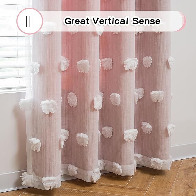 MYSKY HOME Pink Curtains for Bedroom 72 Inches Long Nursery Curtains Pom Pom White Sheer Curtains for Girls Room Double Layer for Toddler Bedroom Grommet Room Darkening Window Panels 52 x 72 Inch