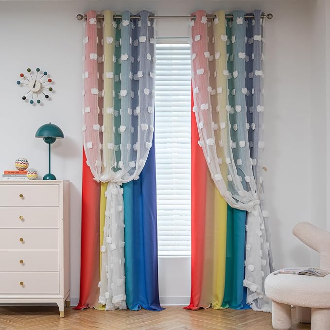 MYSKY HOME Pom Pom Sheer and Blackout Curtains Double Layer Rainbow Curtains 63 Inches Long Kids Curtains for Girls Bedroom Son Room Ombre Room Darkening Grommet Rainbow 52 x 63 in 2 Panels