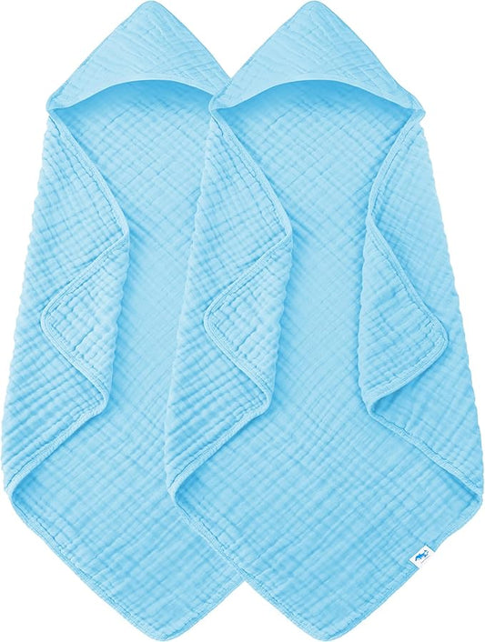 SWEET DOLPHIN Muslin Hooded Baby Bath Towels - 2 Pack 100% Cotton Towel for Babies, Infants, Toddlers - 32x32Inch - Highly Absorbent and Newborn Essential, Blue