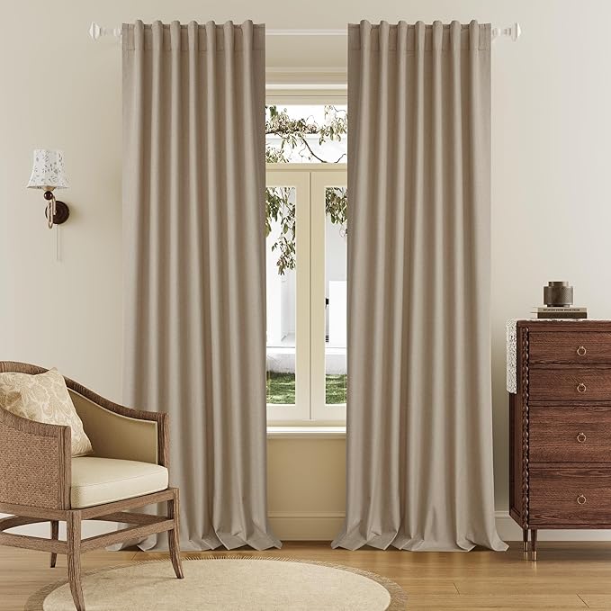 DUALIFE 96 Inch Long Blackout Curtains - Extra Wide Thermal Insulated Sun Block Out Bedroom Linen Curtains 8 ft Window Covering Back Tab Rod Pocket Drapes for Hall Living Room W84 x L96,2 Pcs, Taupe