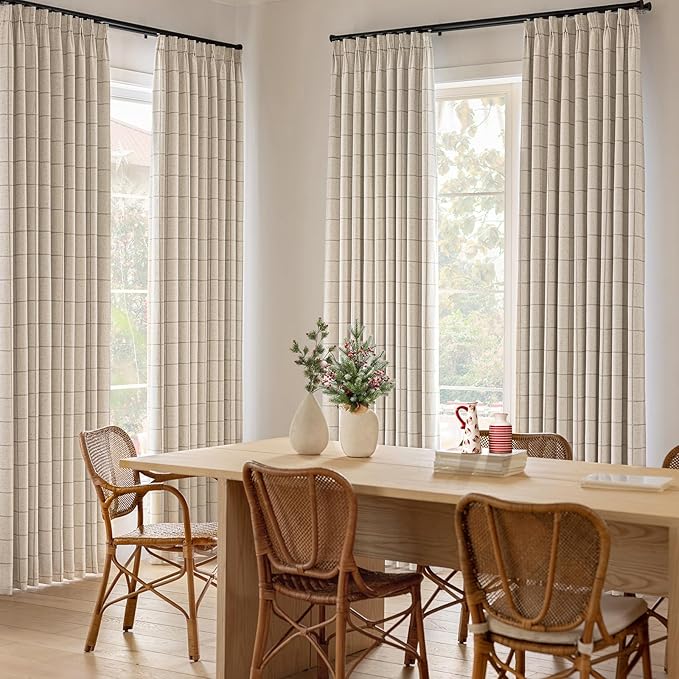 Plaid Pinch Pleated Curtains - Modern Luxury Linen Buffalo Blackout Drapes, Thermal Insulated Double Layer Window Panels for Living Room Bedroom, 90 Inches Long Brown 2 Panels Set