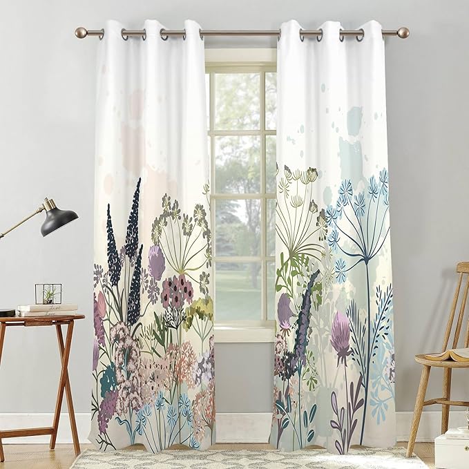 Renaiss Wildflowers Blackout Curtains Vintage Botanical Floral Plant Thermal Insulated Window Drapes for Bedroom 42W x 84L inches 2 Panel Set Window Curtain Panels for Living Room