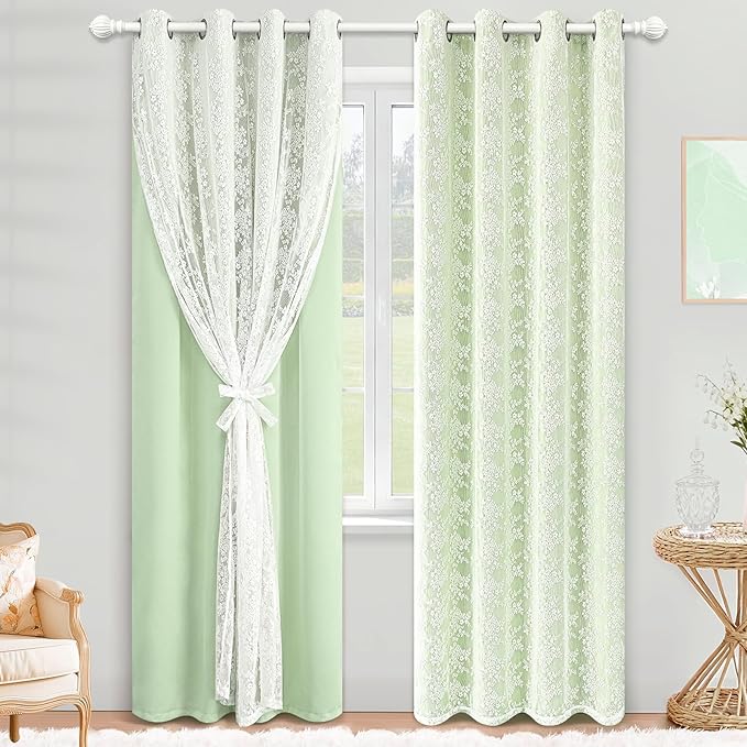 Yinhua Green Curtains for Living Room Blackout Curtains for Bedroom 84 Inches Long Double Layer Curtain with Tiebacks, Thermal Insulation Grommet Drapes for Nursery Dining Room, 52" W x 84" L