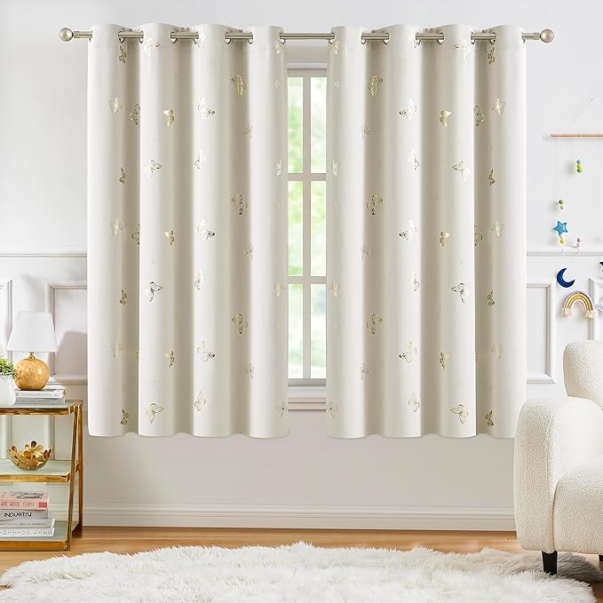 Jubilantex Ivory Gold Butterfly Blackout Curtains with Black Layer Thermal Insulated Window Curtains Grommet Top for Bedroom Girls Room,52x63,2 Panels