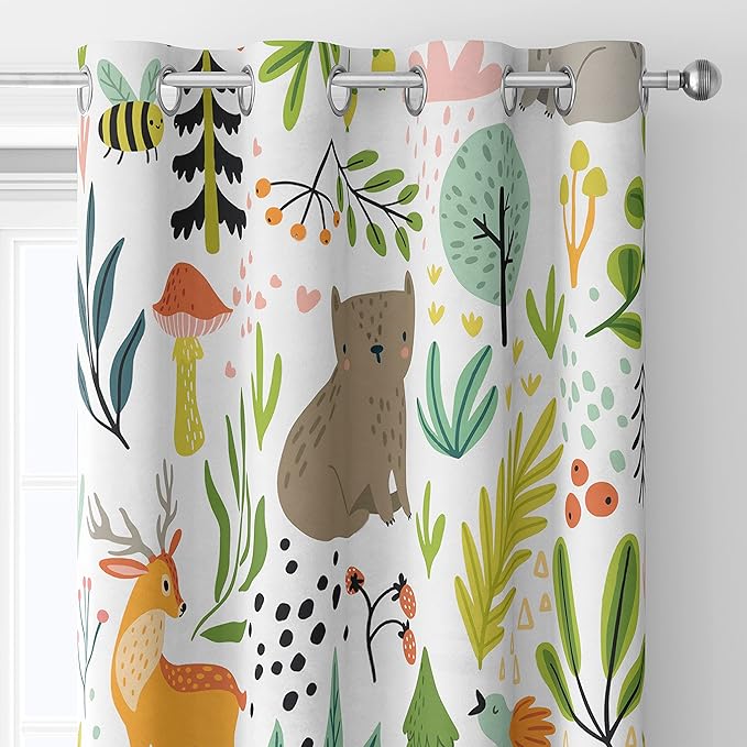Kids Blackout Curtains for Bedroom - Forest With Wild Animals, Plants, Trees for Living Room Decor - 85x85inch (214x214cm)