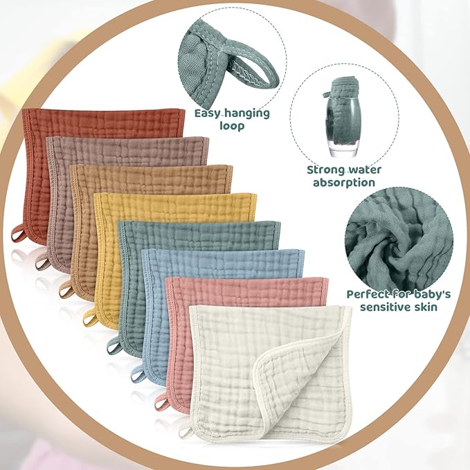 8 Packs Muslin Burp Cloths Large 20" x 10", 6 Layers Unisex Baby Absorbent 100% Cotton Burp Rags Colorful Muslin Washcloths for Baby Plain Soft Cotton Cloth for Babies Girls Boys(Modern Colors)