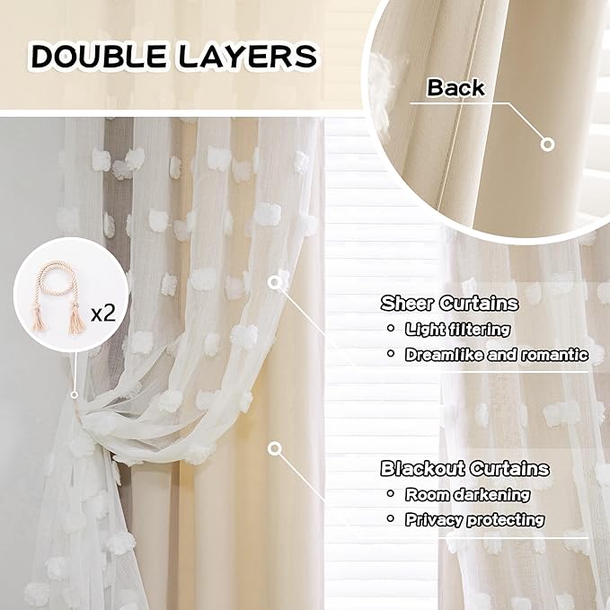 MYSKY HOME Kids Curtains for Girls Bedroom Double Layer Curtain for Daughter Room 84 Inches Long Pom Pom Sheer Drapes Beige Curtains for Living Room Grommet Room Darkening Panels W52 X L84
