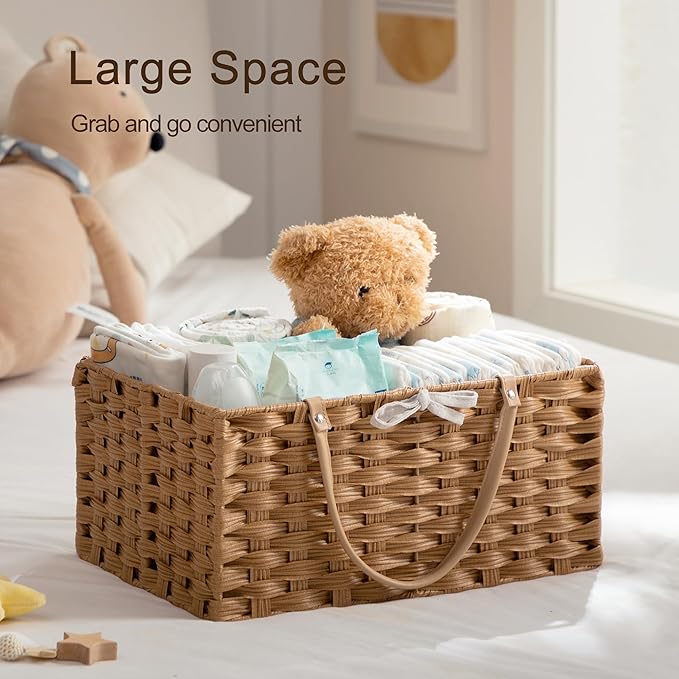 HBlife Large Diaper Caddy Organizer, Washable Waterproof, Portable Plastic Wicker Woven Basket with Divider, Nursery Diaper Station, Baby Shower Gifts Basket & Car Organizer