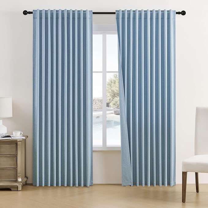 DUALIFE Blackout Linen Curtains for Bedroom - Back Tab Rod Pocket Room Darkening Thermal Insulated Light Blocking Pleated Curtains for Living Room (84" W x 96" L,Dusty Blue, 1 Pair)