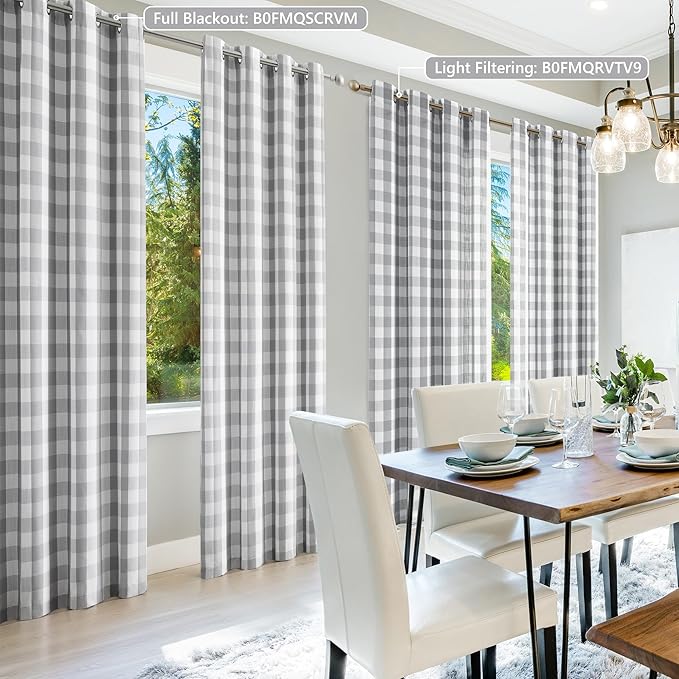 Amzdecor Gray White Buffalo Plaid Full Blackout Curtains 90 Inch Long for Bedroom Living Room Farmhouse Check Patterned Drapes Thermal Insulated Soundproof Grommet Window Treatment, 2 Panels, 52"x90"