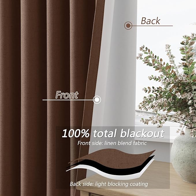 Guken 100% Blackout Curtains 84 Inch Length 2 Panels Set for Living Room Bedroom Back Tab Thermal Insulated Black Out Linen Drapes Room Darkening Window Curtains 84 Inches Long,Rustic Brown