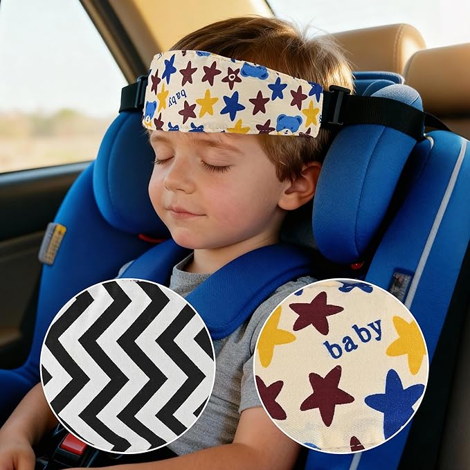 2-Pack Baby Car Seat Head Support Strap Set, Minimalist Beige Stars and Stripes Pattern, Cotton, Machine Washable, 8.4x4x1.1 Inches