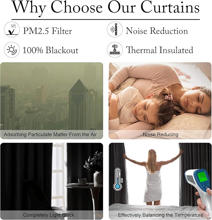 RYB HOME 4 in 1 Set Dust Filter - Soundproof - Blackout - Insulating, Energy Efficiency Linen Curtains for Kids Bedroom Living Room Divider Apartment Hotel Office Theatre, Grey, W 52 x L 108, 2 Pcs