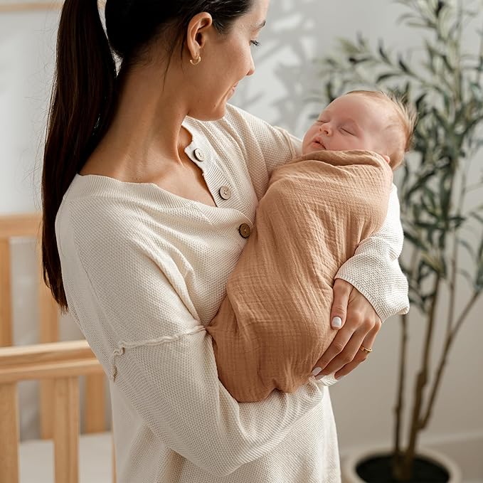 Comfy Cubs Muslin Swaddle Blankets Pack of 3, 42 x 42 Inch Soft 100% Cotton Baby Blanket Set, Large Wraps for Newborns - Self-Soothing Swaddles for Newborns - Sand, Cedar, Caramel