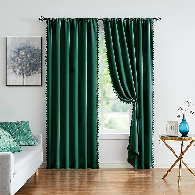 Treatmentex Green Blackout Curtains for Bedroom 90 inch Pom Pom Windows Drapes Cute Decorative Triple Weave Thermal Insulated Curtain Drapes for Nursery Room Studio Hotel 52" w x2 Panels Rod Pocket