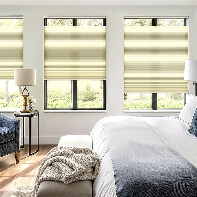 Lazblinds Upgraded Top Down Bottom Up (TDBU) Honeycomb Blinds, No Drill No Tools Easy Install Cordless Cellular Shades for Windows 33" W x 64" H, Beige - Light Filtering